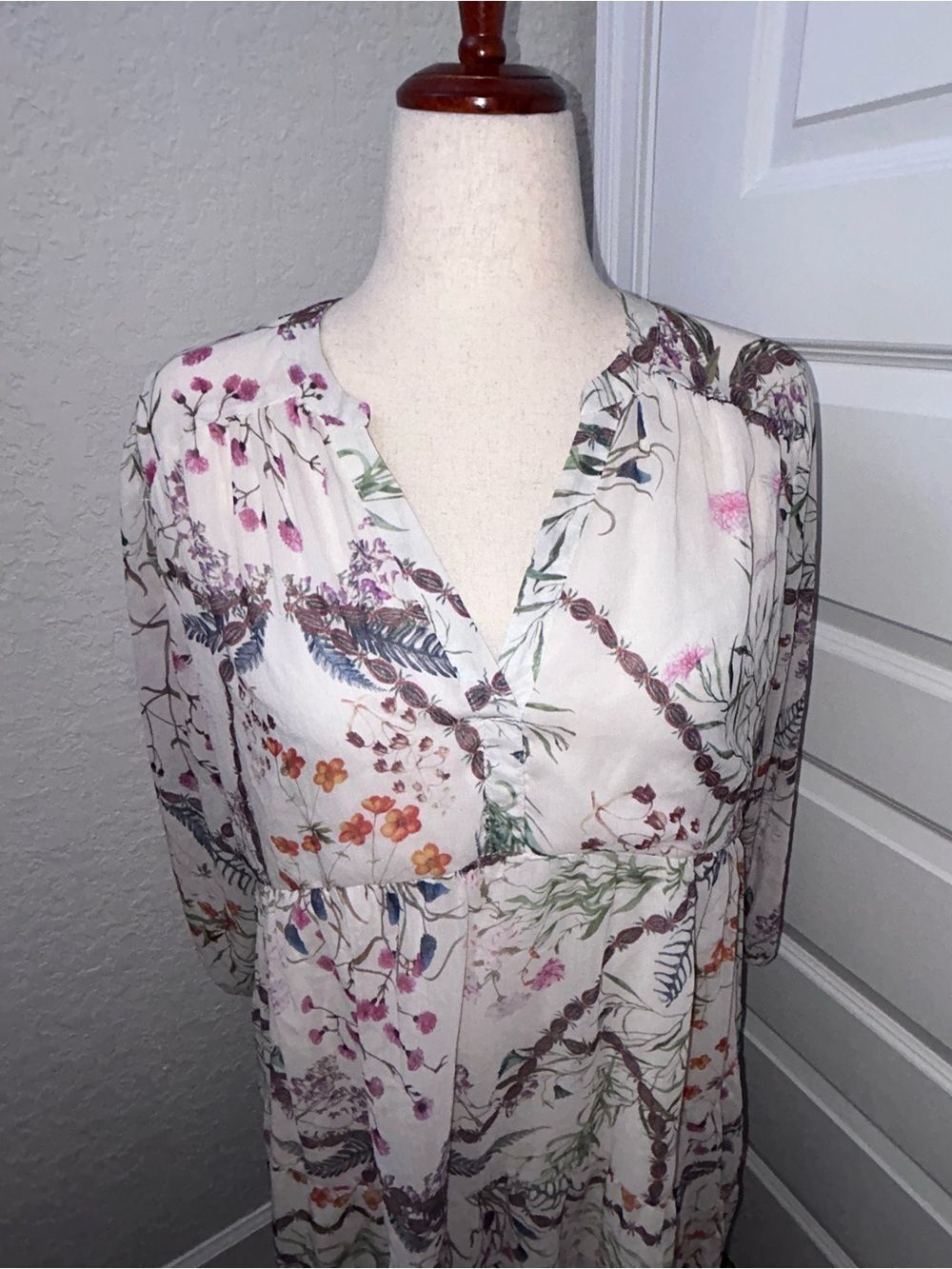 New, FAIRHOPE Floral Feather Print Ruffle Tier Tunic Cottage Long Sleeve Dress - Picture 2 of 12